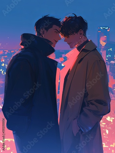 two men in love, standing close together with their foreheads touching, set against a romantic city lights backdrop at night. photo