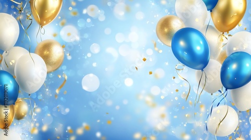 Birthday background with blue, gold, and white balloons 