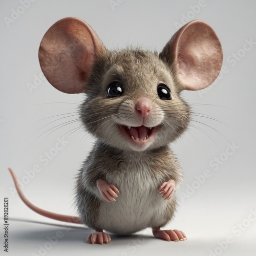 An adorable cartoon-style mouse with big ears and a cheerful expression, illustrated on a pure white background.

