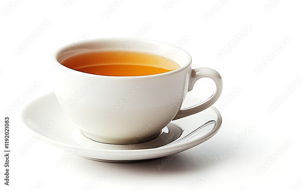 Hot tea in white cup, saucer, white background; perfect for beverage websites Hot tea in white cup, saucer, white background; perfect for beverage websites