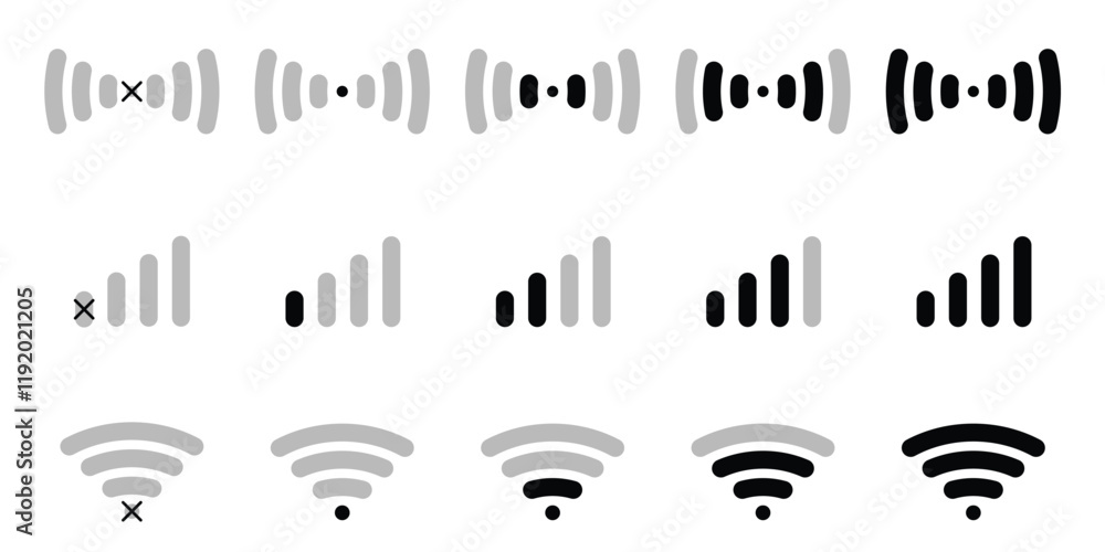 Fototapeta premium Signal icon set. Wi-Fi icons pack. Mobile phone signal, wi-fi. Icon for website design, mobile app, ui. Vector illustration