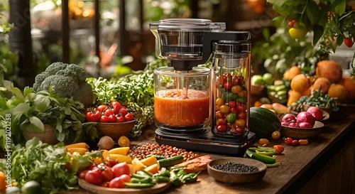 A vibrant kitchen scene showcasing a juicer surrounded by fresh vegetables and fruits.