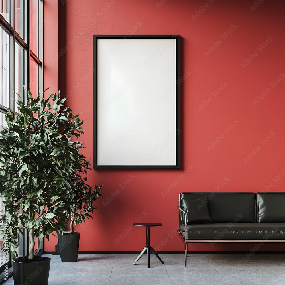 Fototapeta premium Modern Red Room Interior 3D Illustration with Black Sofa and Plant
