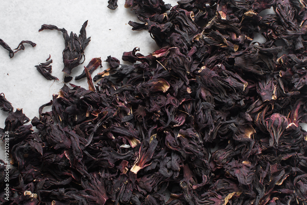 Overhead view of dried roselle, top view of dried hibiscus and Sorrel flowers, ingredient for making nigerian zobo drink Overhead view of dried roselle, top view of dried hibiscus and Sorrel flowers, ingredient for making nigerian zobo drink