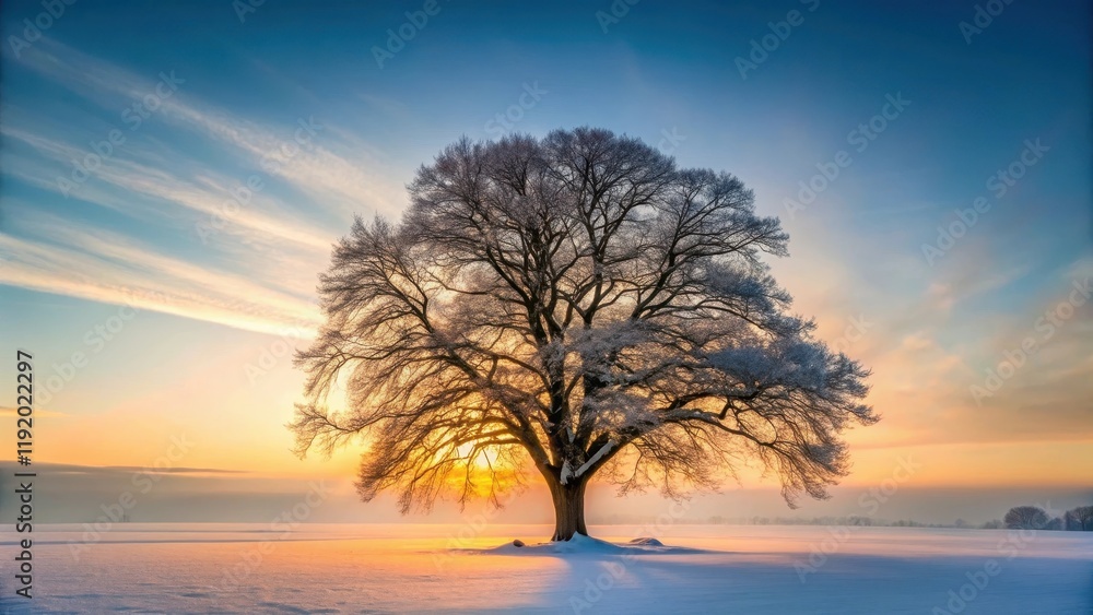 A majestic tree stands tall in a serene winter landscape, its branches etched against the soft glow of late evening sky with snowfall gently falling around it , winter landscape, beautiful tree A majestic tree stands tall in a serene winter landscape, its branches etched against the soft glow of late evening sky with snowfall gently falling around it , winter landscape, beautiful tree