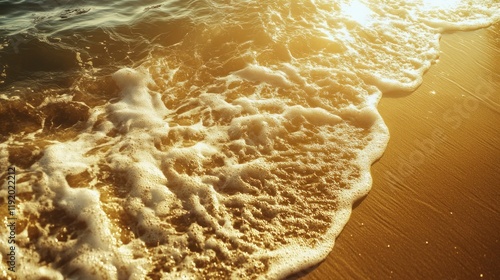 Golden sunset light illuminates foamy ocean waves gently lapping on a sandy beach.