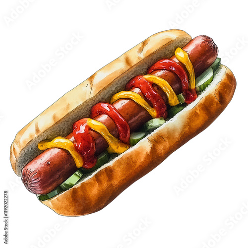 hot dog with mustard and ketchup on transparent background photo