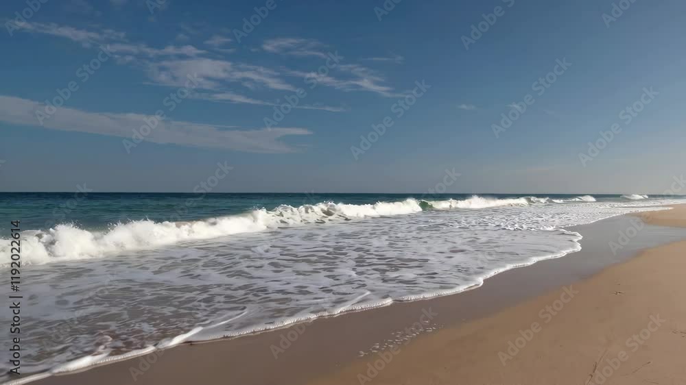 Beach waves rolling onto a tranquil sandy shore under a clear blue sky, creating a serene coastal scene with untouched golden sand.

