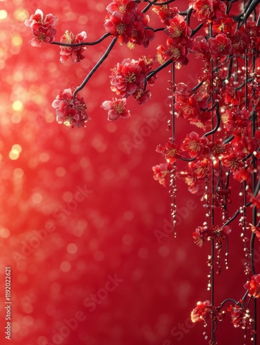 Beautiful Cherry Blossom Branches with Red Background for Chinese New Year Celebration in a Minimalist Frame and Border Design Ideal for Festive Decorations and Print Materials