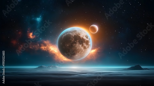 Celestial events cosmic planets and nebulae in space digital art surreal environment wide angle view astronomy concept
