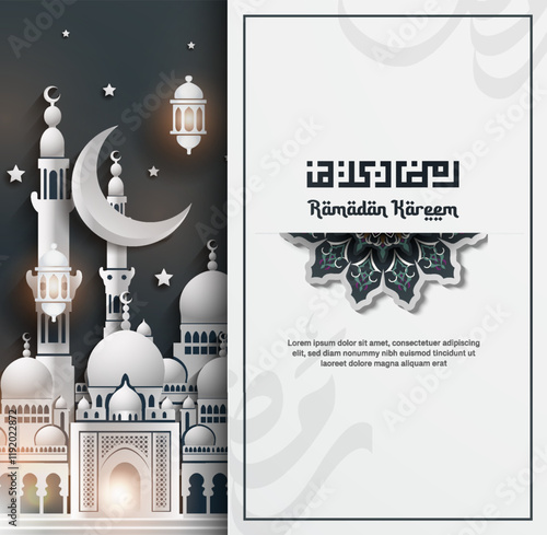 Ramadan Kareem Greeting Islamic Illustration Background Vector Design With Arabic Calligraphy, mosque, Lanterns For Banner, Wallpaper, Cover, Flyer. Translation Of Text - Fasting Month of Ramadan