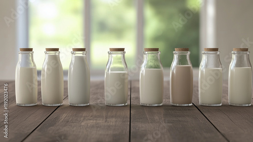 A selection of plant based milk almond, soy, and oat neatly presented in glass bottles on a rustic wooden table, highlighting natural and healthy dairy alternatives. photo