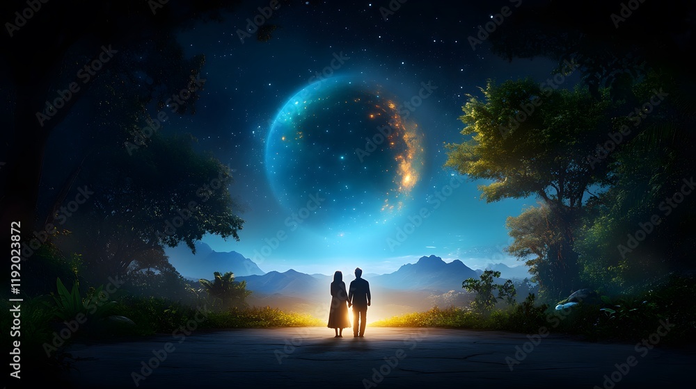 Couple staring at enigmatic planet fantasy landscape digital art nighttime setting romantic viewpoint imagination and wonder Couple staring at enigmatic planet fantasy landscape digital art nighttime setting romantic viewpoint imagination and wonder