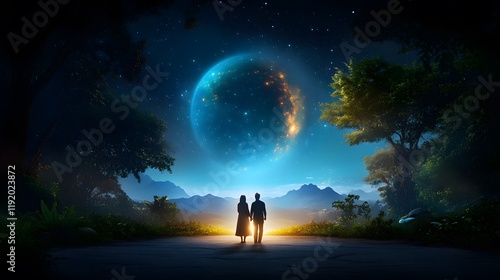 Couple staring at enigmatic planet fantasy landscape digital art nighttime setting romantic viewpoint imagination and wonder photo