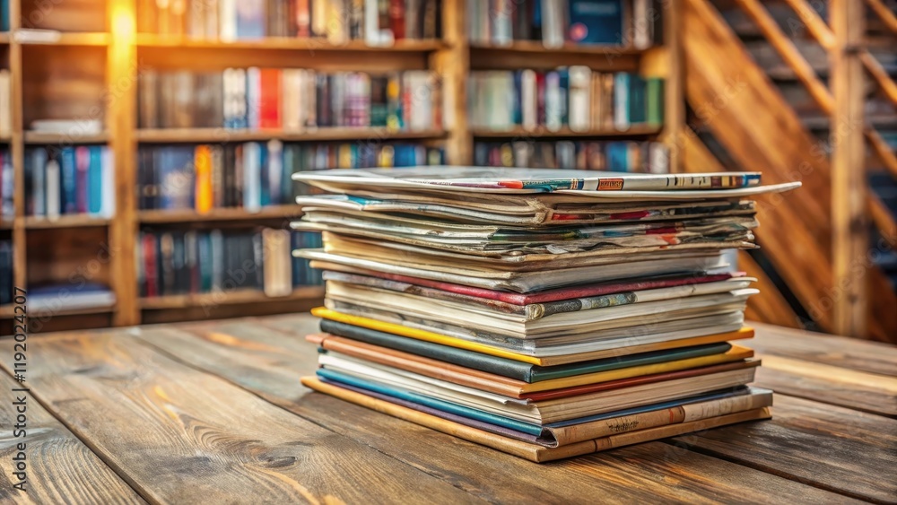 Colorful stacked magazines with a mix of fiction and non-fiction genres on a wooden table, creating a visually appealing display , colorful, nonfiction Colorful stacked magazines with a mix of fiction and non-fiction genres on a wooden table, creating a visually appealing display , colorful, nonfiction