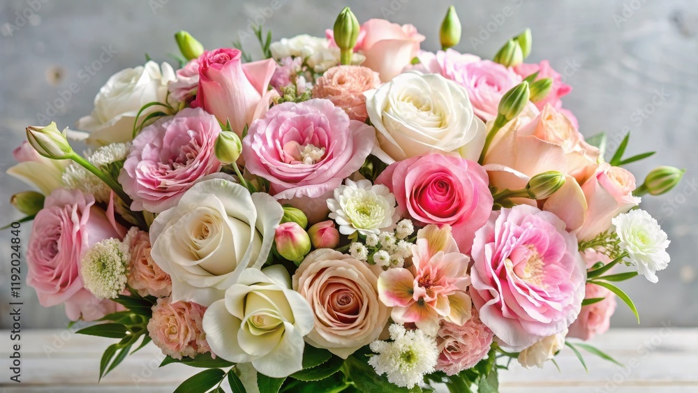 Freshly picked flowers arranged in a delicate pink and white bouquet with a mix of roses, carnations and alstroemeria, flowers Freshly picked flowers arranged in a delicate pink and white bouquet with a mix of roses, carnations and alstroemeria, flowers