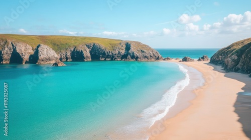 Secluded cove with turquoise water, sandy beach, and dramatic cliffs under a sunny sky.