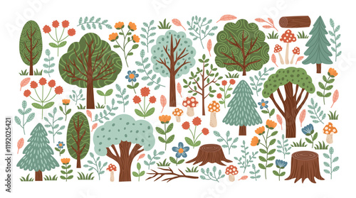 Collection of spring summer forest elements. Trees, bushes, stumps, flowers and mushrooms. Botanical elements set. Vector illustration.