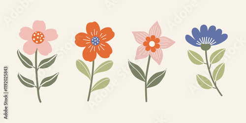 Set of vector cartoon flower illustrations with a white background, flower collection.
