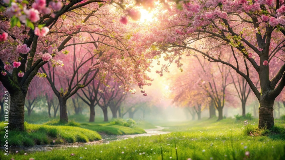 Soft pink blossoms adorn a serene spring landscape with gentle morning dew, set against a backdrop of lush greenery and towering trees , garden scenery, blooming flowers Soft pink blossoms adorn a serene spring landscape with gentle morning dew, set against a backdrop of lush greenery and towering trees , garden scenery, blooming flowers