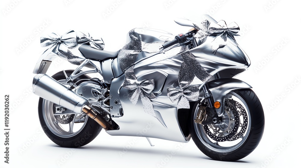 Shiny silver motorcycle wrapped in gift-style decoration, white isolate background. Shiny silver motorcycle wrapped in gift-style decoration, white isolate background.