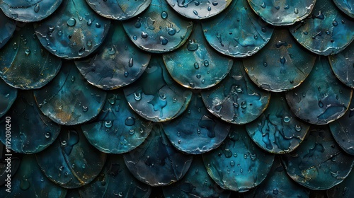 Wallpaper Mural Close-up of textured, iridescent scales with droplets, resembling aquatic or mythical elements. Torontodigital.ca