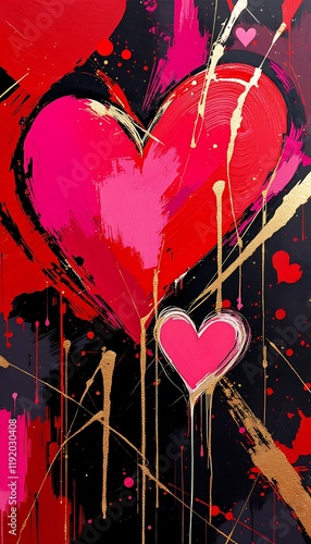 Passionate Hearts: A Bold, Abstract Red and Gold Painting photo