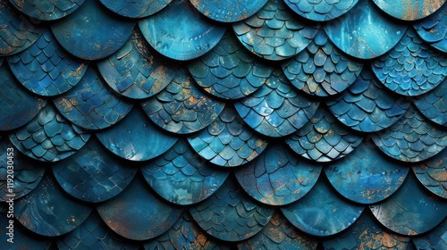 Wallpaper Mural A textured surface resembling overlapping scales in shades of blue and hints of rust. Torontodigital.ca