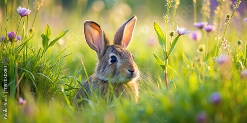 A hidden rabbit's head peeks out from beneath a thick layer of tall grass and wildflowers in a sunny meadow, landscape, hidden creature photo