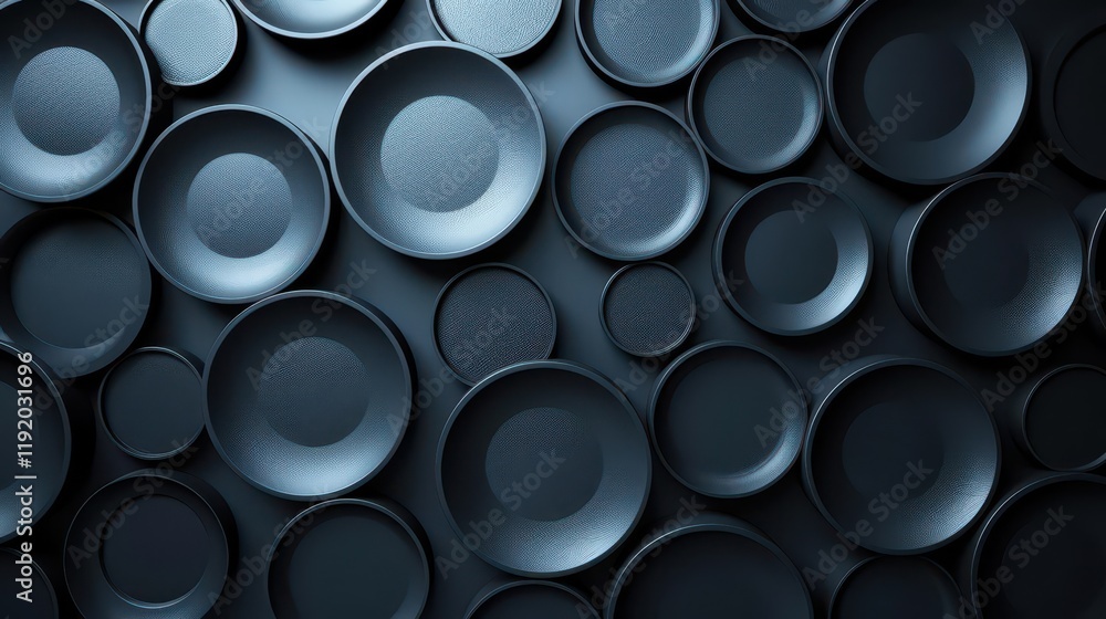 A collection of dark, textured plates arranged in a visually appealing pattern. A collection of dark, textured plates arranged in a visually appealing pattern.