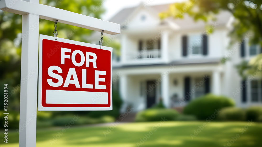 Professional real estate sign reading 'For Sale' in a thriving suburban area, representing property investment potential. Professional real estate sign reading 'For Sale' in a thriving suburban area, representing property investment potential.