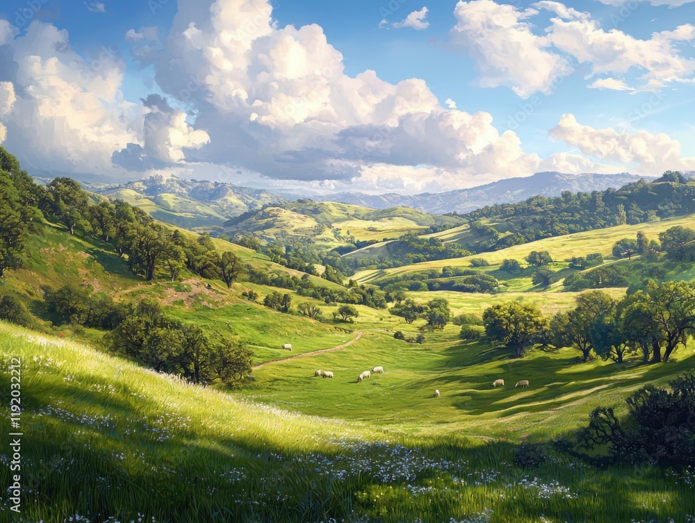 Obraz premium Tranquil grazing scene rolling hills countryside nature photography daytime serenity in the landscape