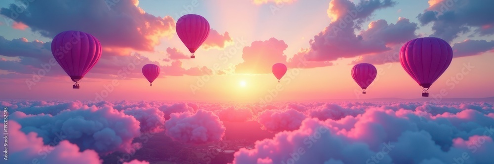 Fototapeta premium Sunrise panorama, vibrant pink & blue balloons ascending, freedom, nature