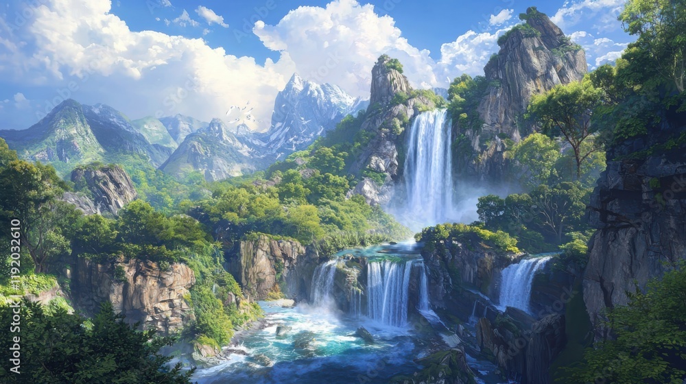 Naklejka premium Breathtaking waterfall scene in a lush mountain landscape nature photography vibrant environment panoramic view serenity concept