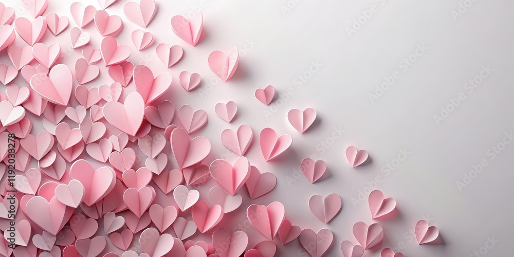 Obraz premium Delicate Pink Paper Valentine Hearts scattered on a soft white background with a subtle gradient effect, love