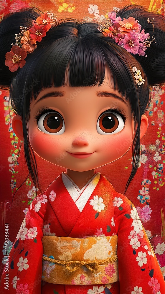 Adorable Anime Girl in Traditional Japanese Kimono with Floral Hair Ornaments Adorable Anime Girl in Traditional Japanese Kimono with Floral Hair Ornaments