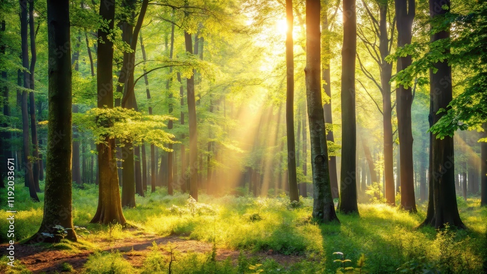 Obraz premium Sunlit forest with trees and foliage in soft focus