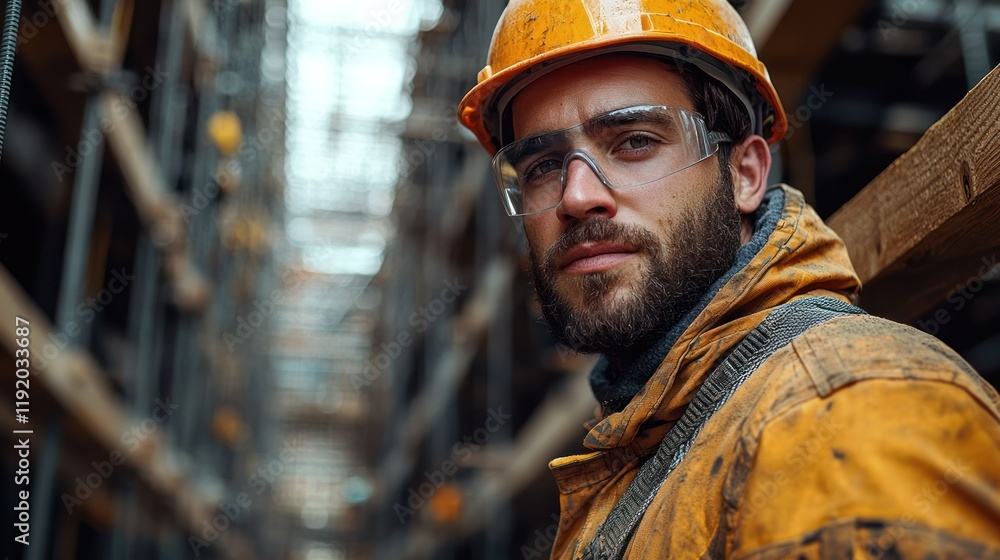 Construction worker in a safety helmet and goggles. Construction worker in a safety helmet and goggles.