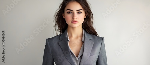 Stylish young woman in a sharp gray business suit, poised against a plain backdrop,