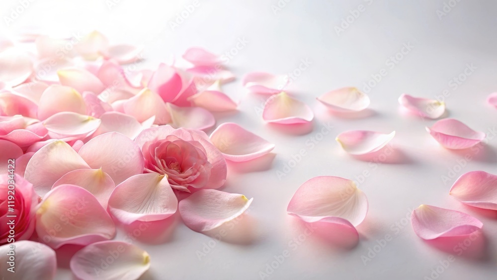 Fototapeta premium Softly glowing pink rose petals scattered on a delicate white background , gentle, flower power, gentle