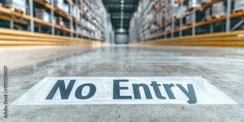 A no entry sign on a concrete floor in warehouse. Prohibition sign in unique setting.