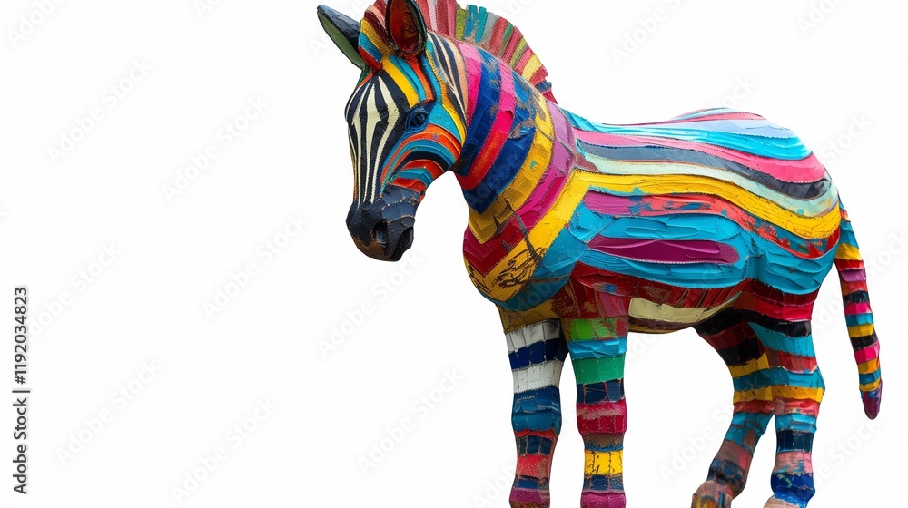 Obraz premium A colorful stone zebra statue, isolated and placed on a clean white background, showcasing fine detail.