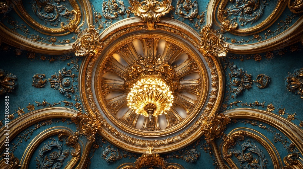 Obraz premium Opulent Gold and Teal Ceiling with Chandelier