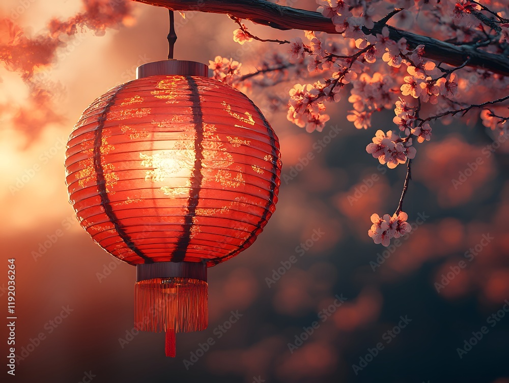 Obraz premium Red and gold lanterns glow warmly at dusk, surrounded by cherry blossoms in full bloom, evoking festive Chinese New Year vibes, perfect for celebration designs or auspicious decorations.