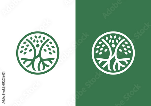 line art nature logo vector design of tree and man or person inside circle, abstract tree logo symbol inside circle	