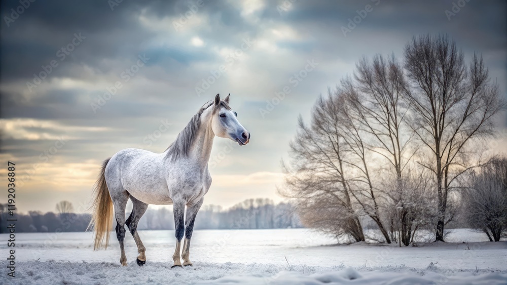 Arabian horse standing in snow covered field with bare trees and grey sky, arabian horse breed Arabian horse standing in snow covered field with bare trees and grey sky, arabian horse breed