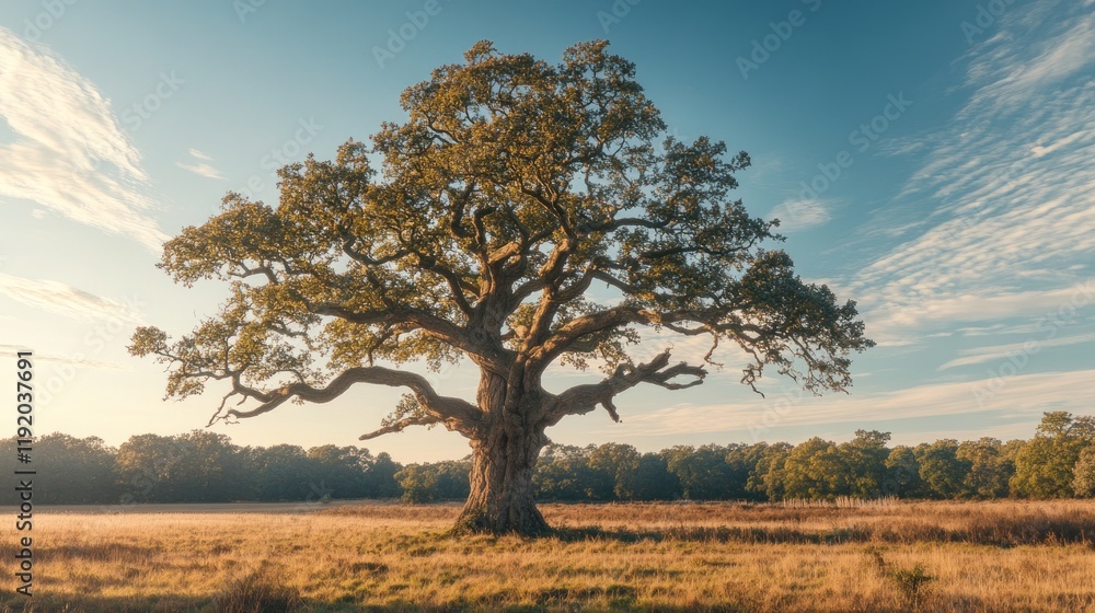 Majestic Oak Tree in Golden Meadow Sunrise