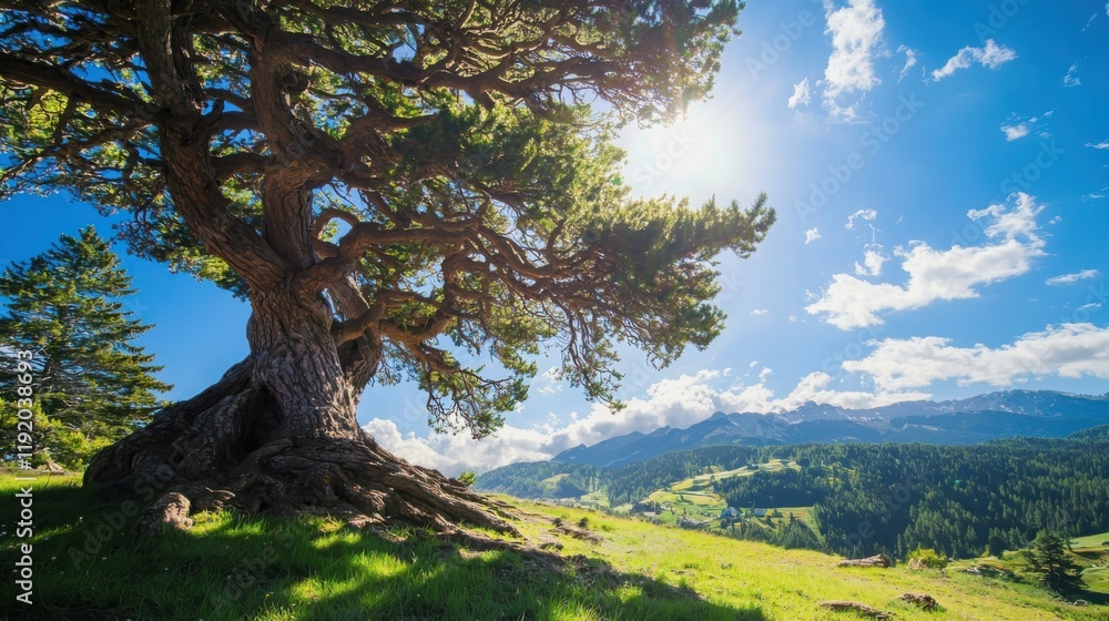 Fototapeta premium Majestic ancient tree standing alone in a vibrant landscape scenic viewpoint nature photography peaceful environment
