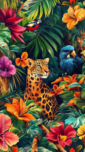 The image depicts a vibrant tropical jungle scene with a leopard sitting amidst lush green foliage and colorful flowers, including red, orange, and purple blossoms