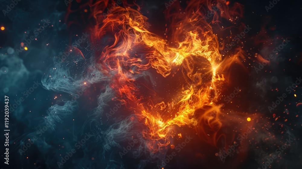A vibrant image of a heart-shaped fire, with glowing orange flames on a dark smoky background A vibrant image of a heart-shaped fire, with glowing orange flames on a dark smoky background